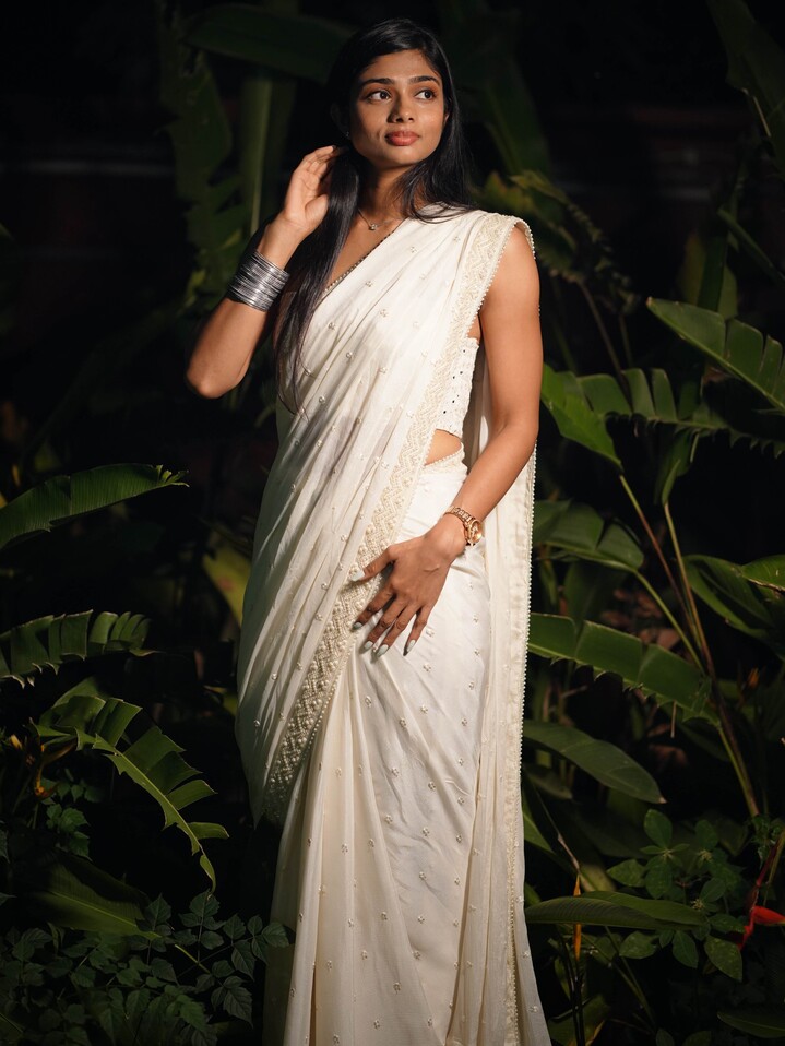 Chinnon fabric emroidered butta and pearl border saree with mirror embellished blouse