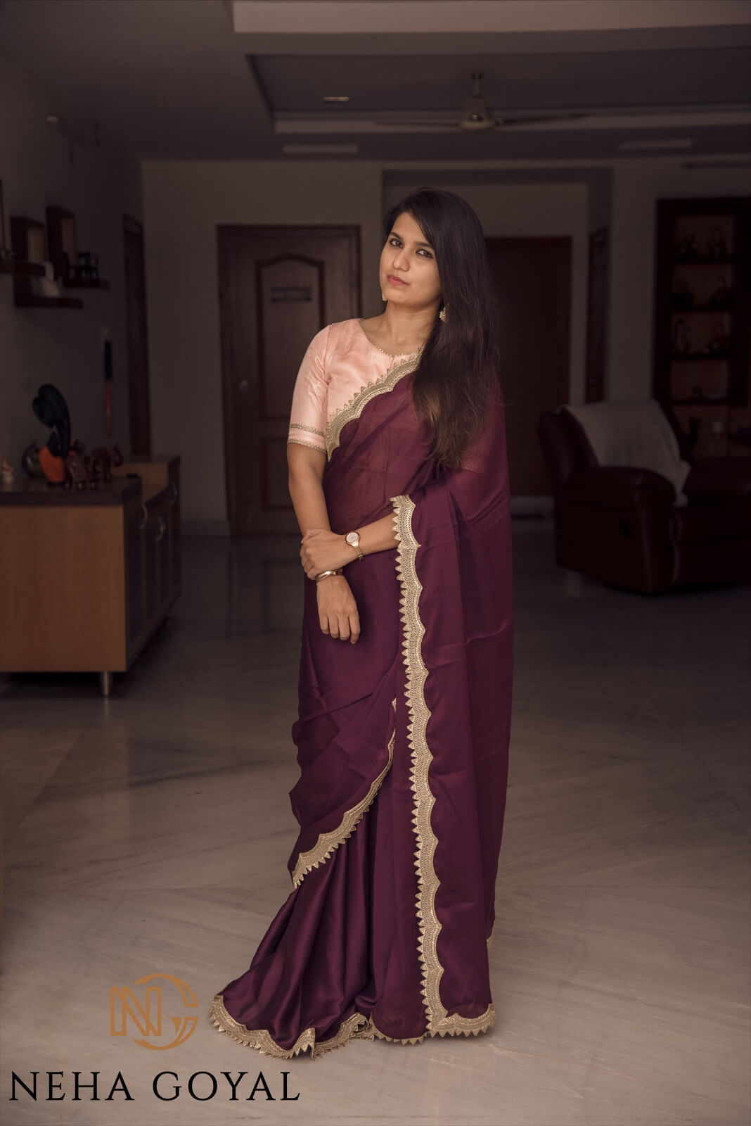 Chinnon dark wine scallop saree with hand embroidered baby pink blouse