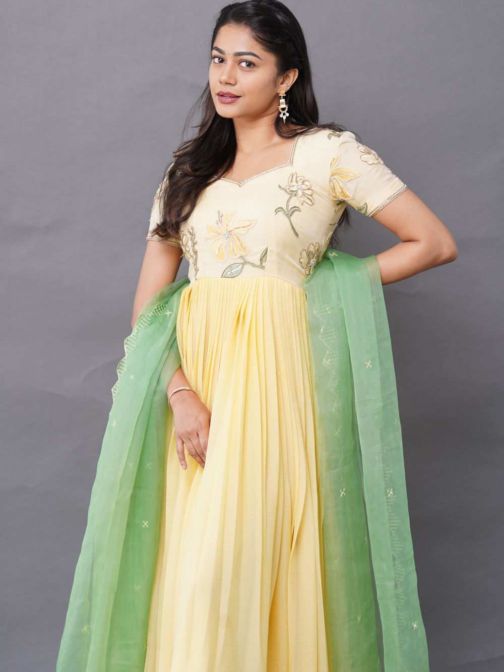 Lime yellow long dress with a hand emdroidered body and a contrast duppata