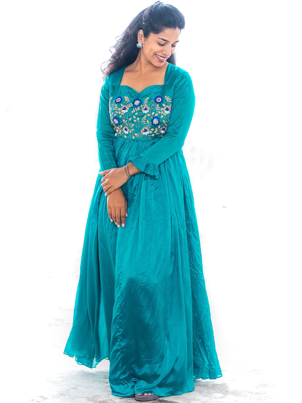 Peacock green dress with a hand emdroidered body and dupatta