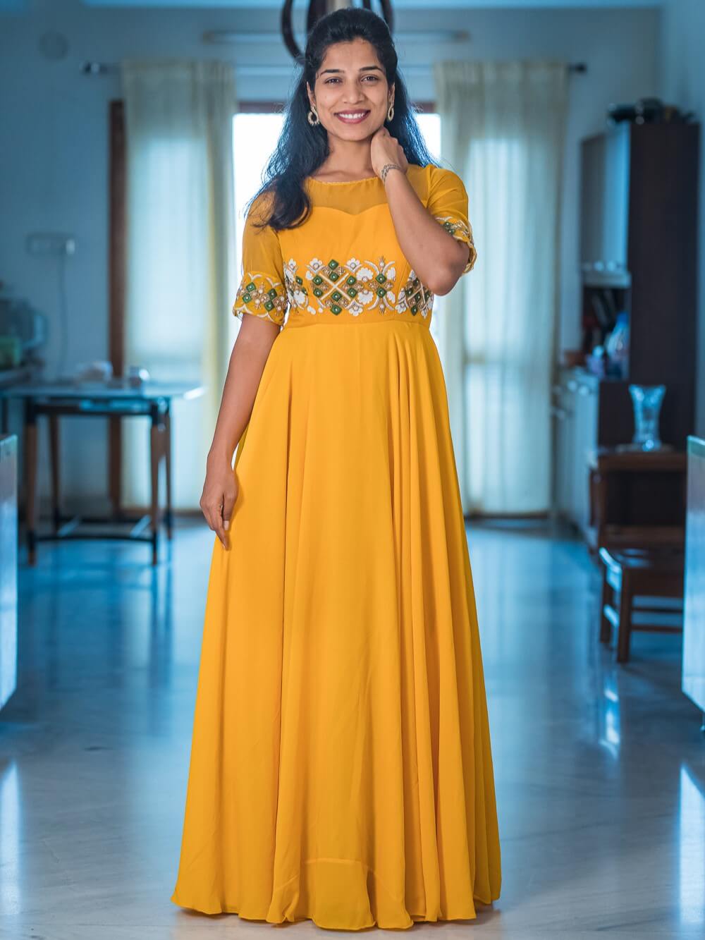 Mustard yellow long dress with a hand emdroidered body